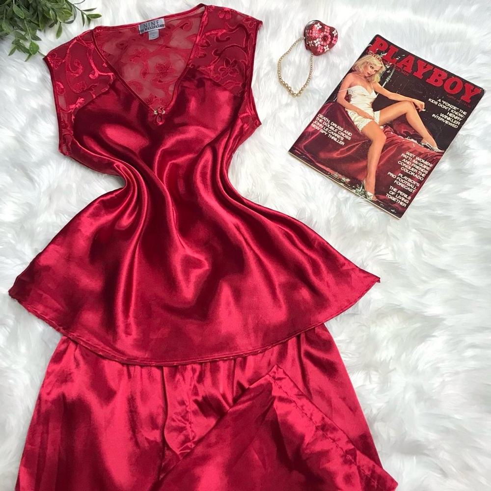 Nine & Co Vintage Red Floral Lace Cami and Pant Lounge Sleep Set